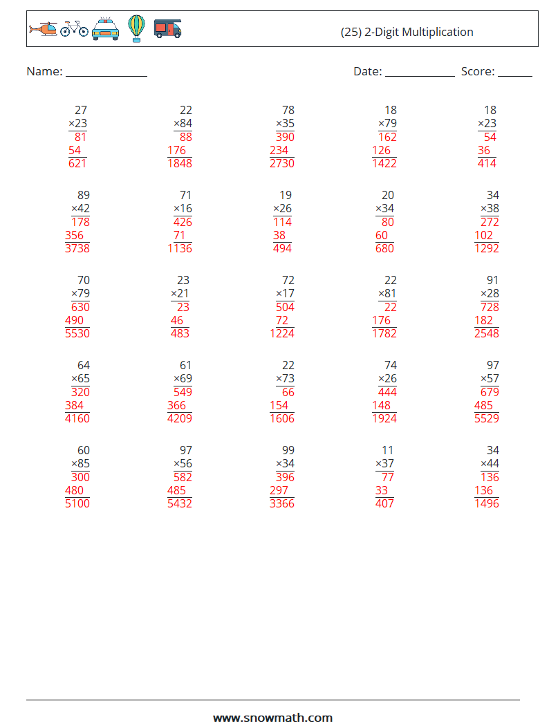 (25) 2-Digit Multiplication Math Worksheets 3 Question, Answer