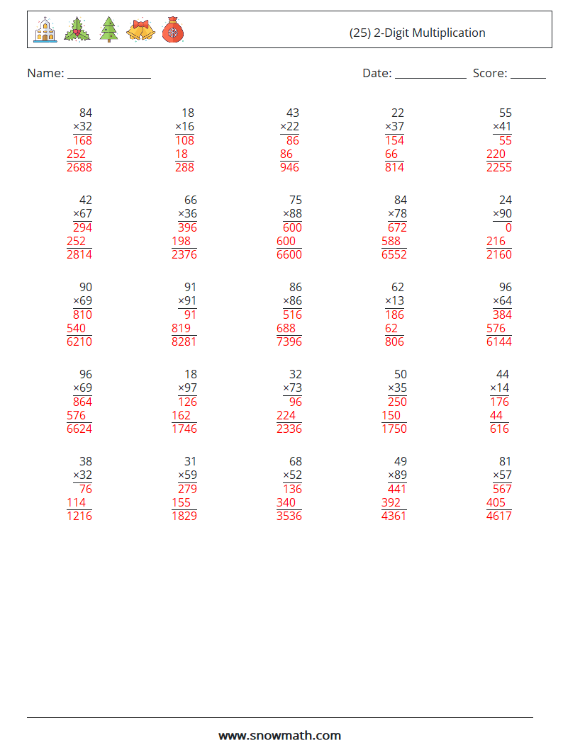 (25) 2-Digit Multiplication Math Worksheets 4 Question, Answer