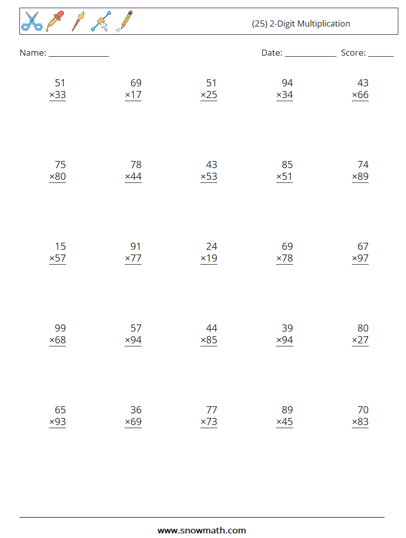 (25) 2-Digit Multiplication Math Worksheets 5
