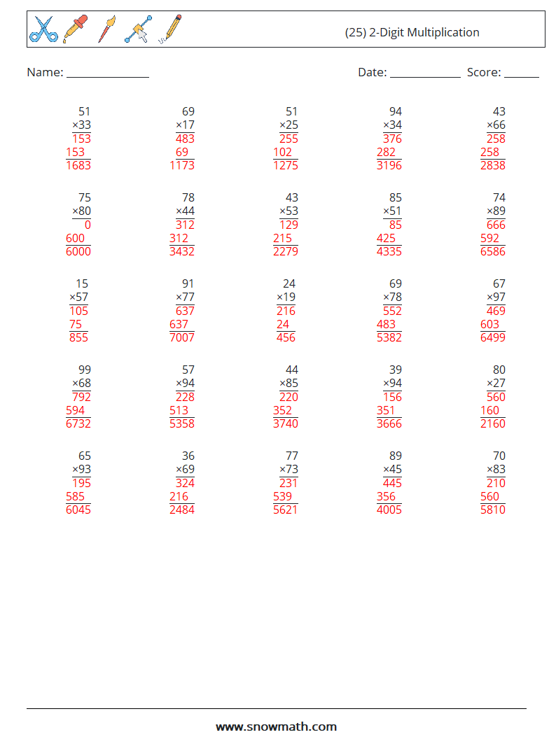 (25) 2-Digit Multiplication Math Worksheets 5 Question, Answer