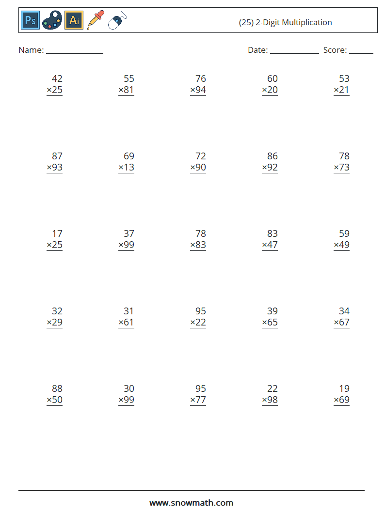 (25) 2-Digit Multiplication Math Worksheets 6