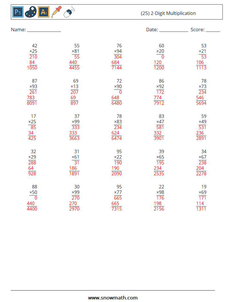 (25) 2-Digit Multiplication Math Worksheets 6 Question, Answer