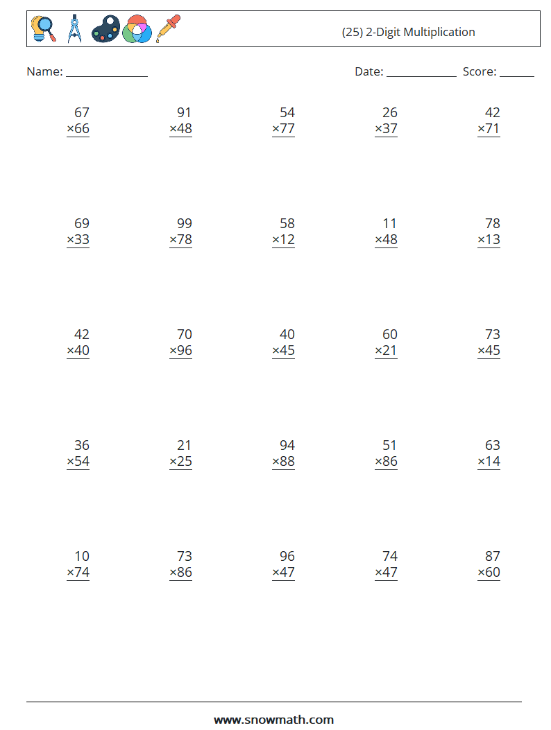 (25) 2-Digit Multiplication Math Worksheets 7