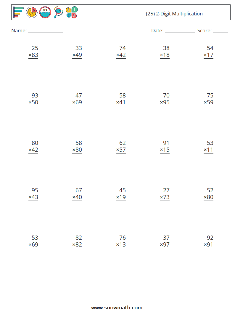 (25) 2-Digit Multiplication Math Worksheets 8