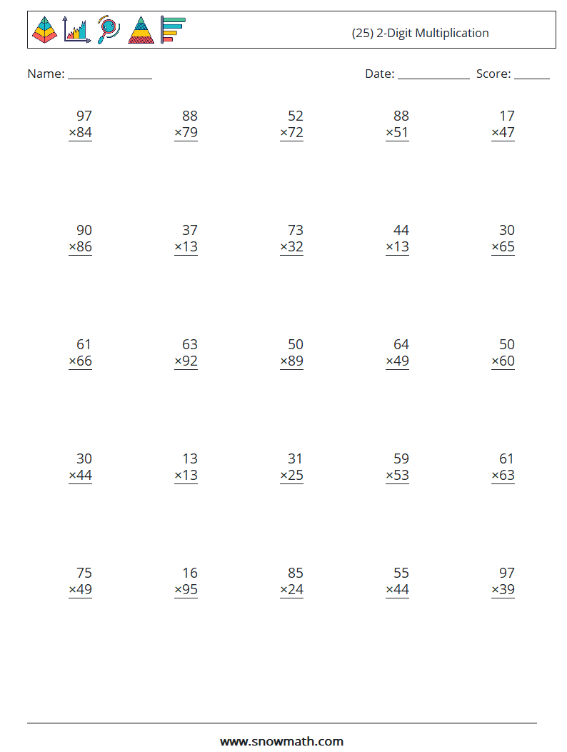 (25) 2-Digit Multiplication Math Worksheets 9