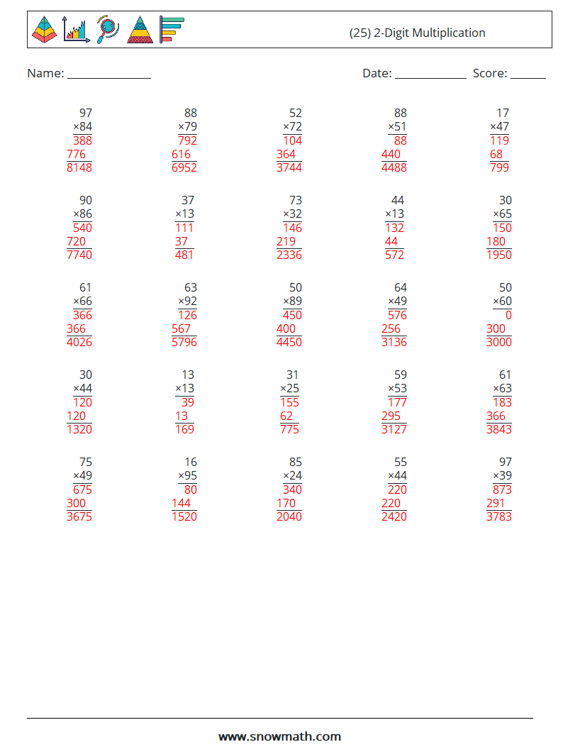 (25) 2-Digit Multiplication Math Worksheets 9 Question, Answer