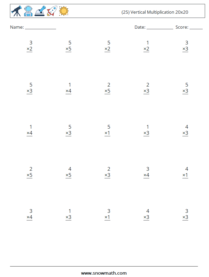 (25) Vertical Multiplication 20x20 Math Worksheets 1