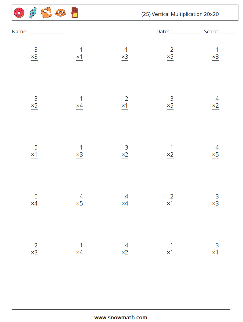(25) Vertical Multiplication 20x20 Math Worksheets 10