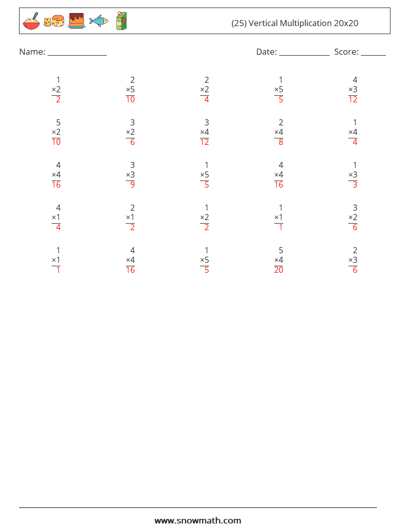 (25) Vertical Multiplication 20x20 Math Worksheets 11 Question, Answer