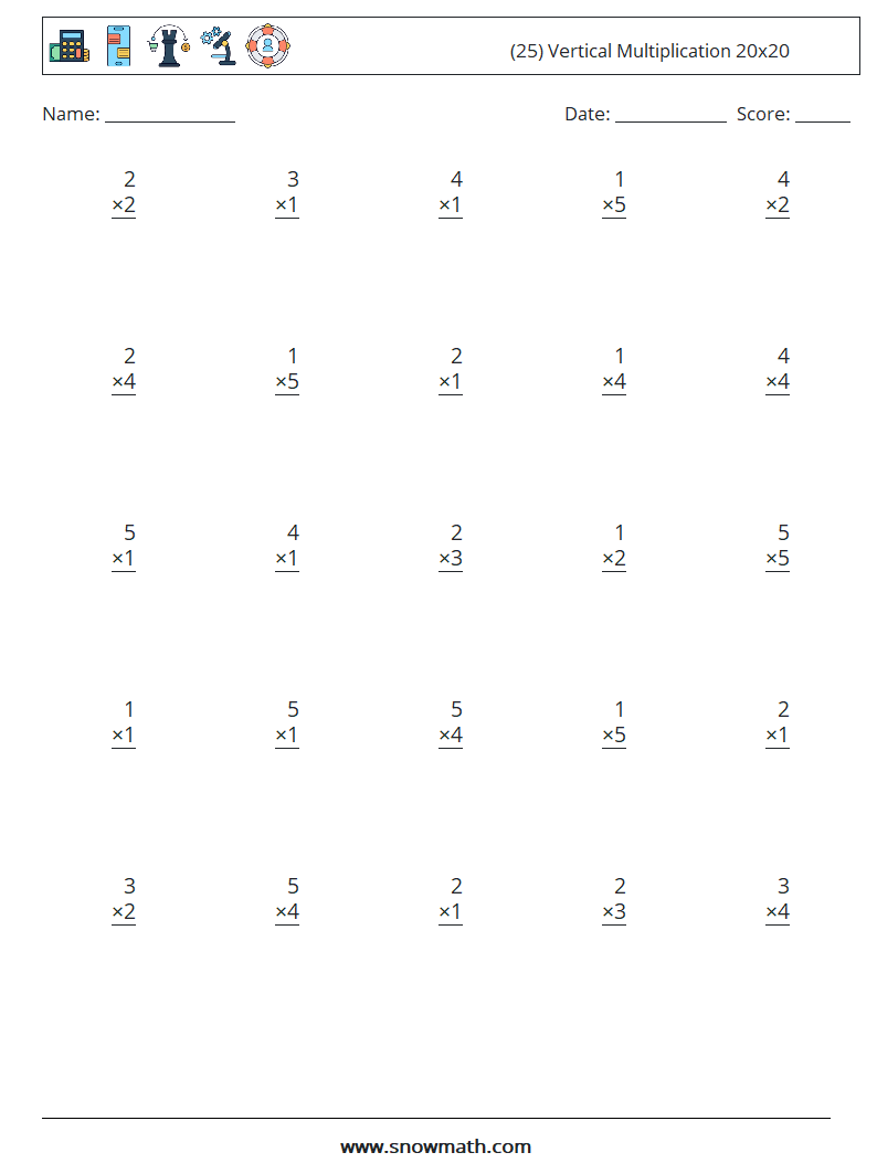 (25) Vertical Multiplication 20x20 Math Worksheets 12