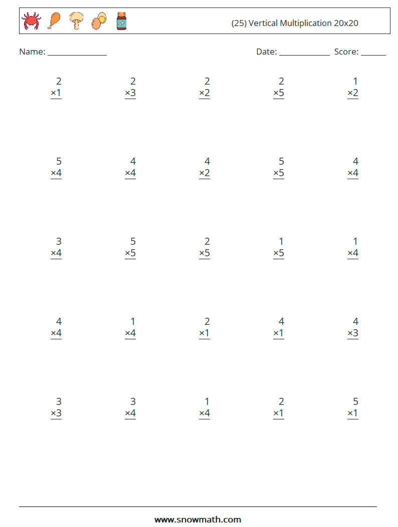 (25) Vertical Multiplication 20x20 Math Worksheets 15