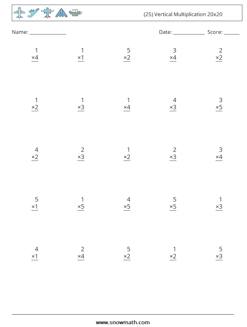 (25) Vertical Multiplication 20x20 Math Worksheets 4