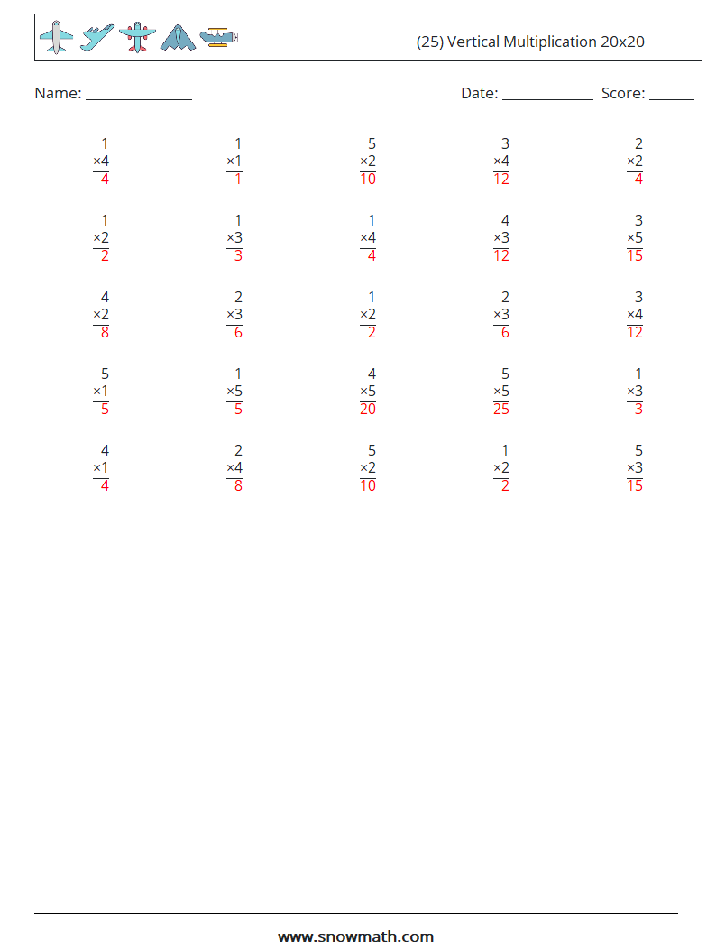 (25) Vertical Multiplication 20x20 Math Worksheets 4 Question, Answer
