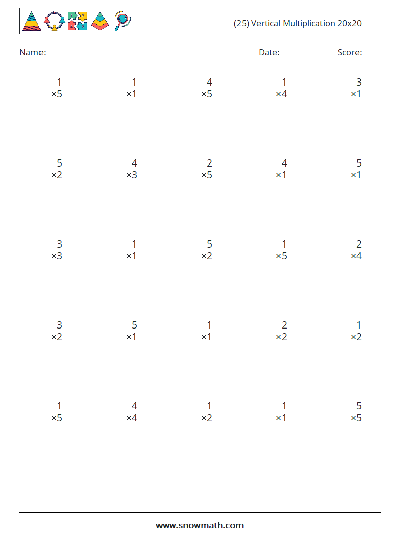 (25) Vertical Multiplication 20x20 Math Worksheets 5