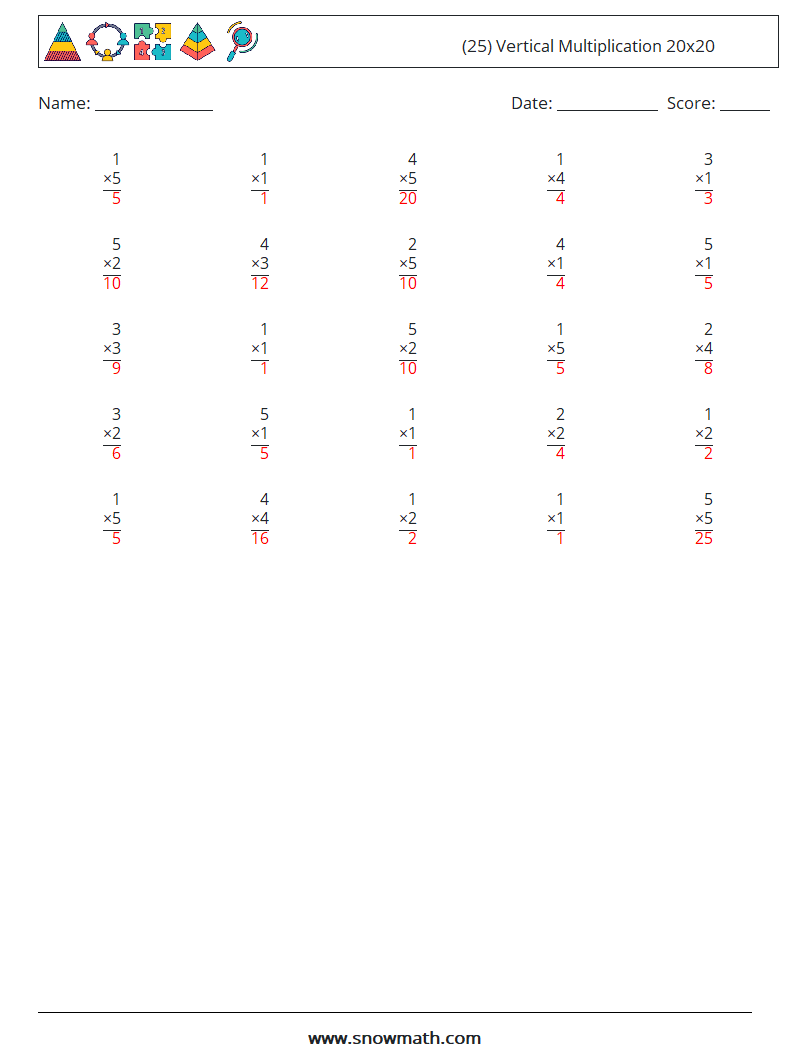 (25) Vertical Multiplication 20x20 Math Worksheets 5 Question, Answer