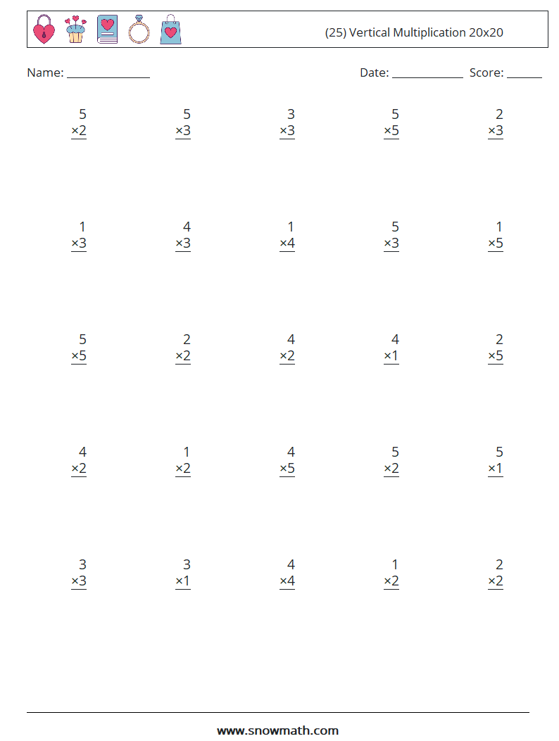 (25) Vertical Multiplication 20x20 Math Worksheets 7