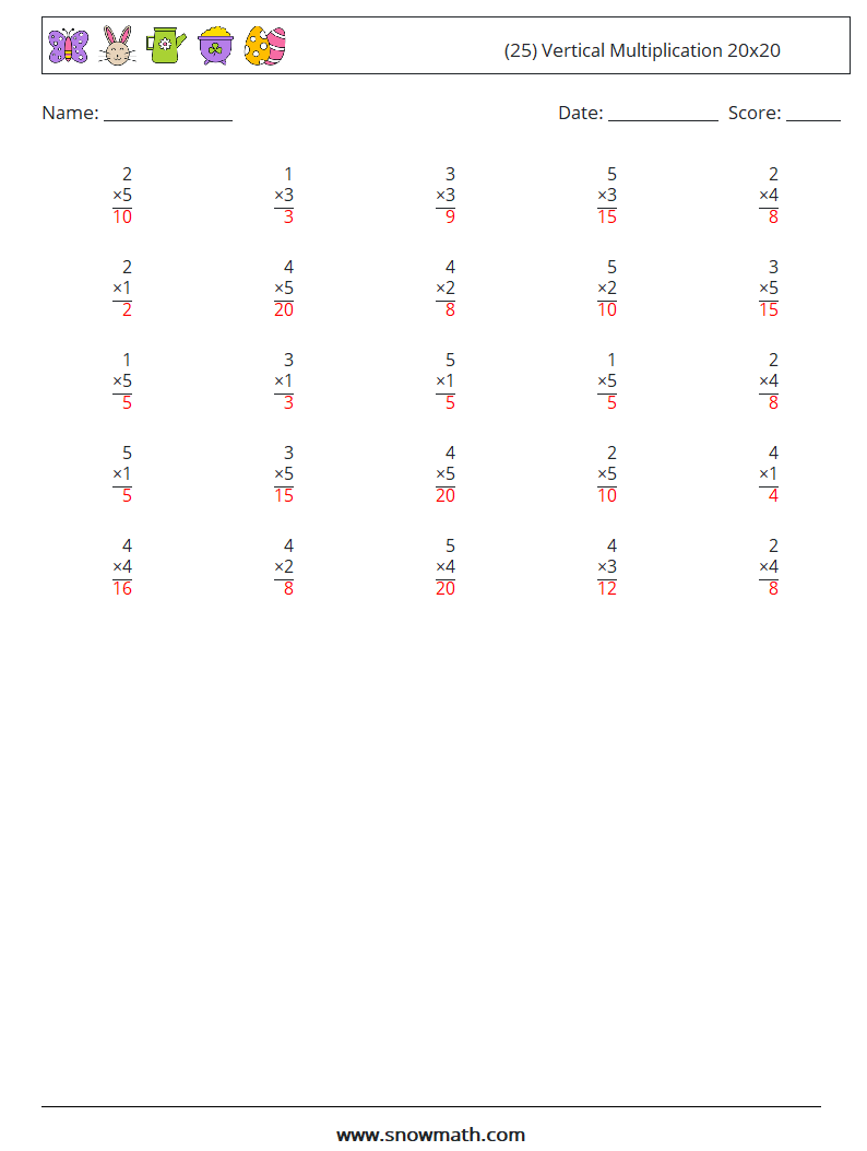 (25) Vertical Multiplication 20x20 Math Worksheets 9 Question, Answer