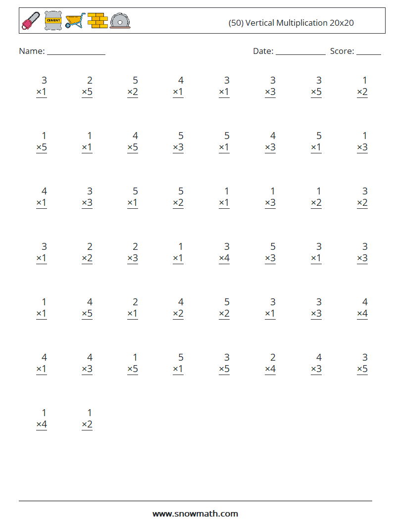 (50) Vertical Multiplication 20x20 Math Worksheets 10