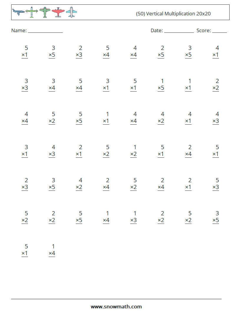(50) Vertical Multiplication 20x20 Math Worksheets 11