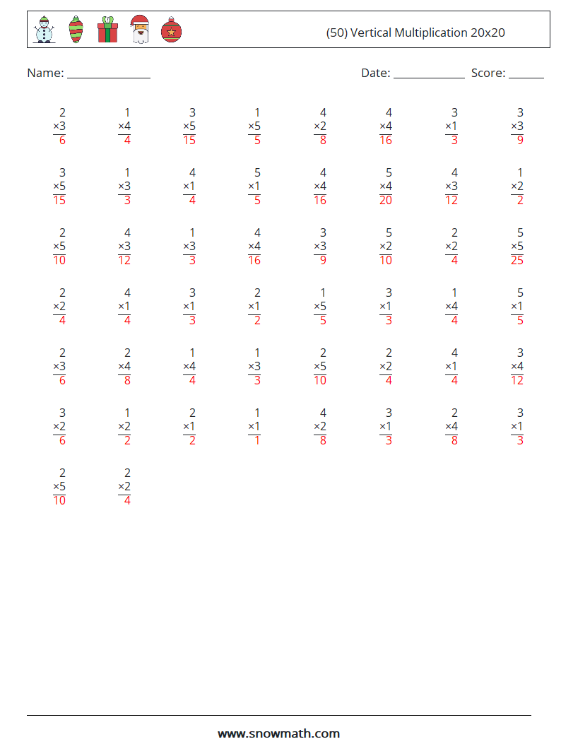 (50) Vertical Multiplication 20x20 Math Worksheets 12 Question, Answer