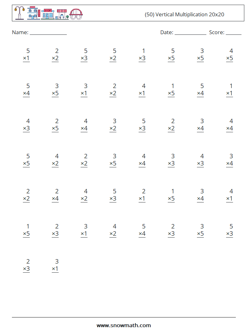 (50) Vertical Multiplication 20x20 Math Worksheets 13