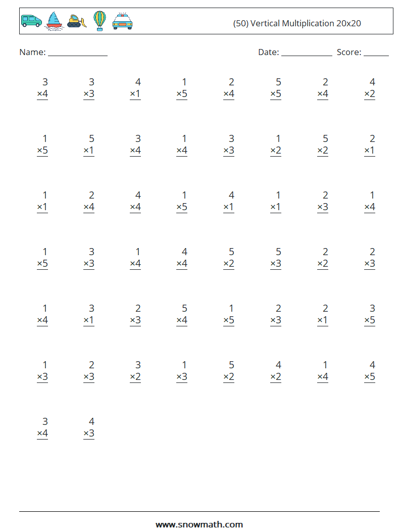 (50) Vertical Multiplication 20x20 Math Worksheets 14