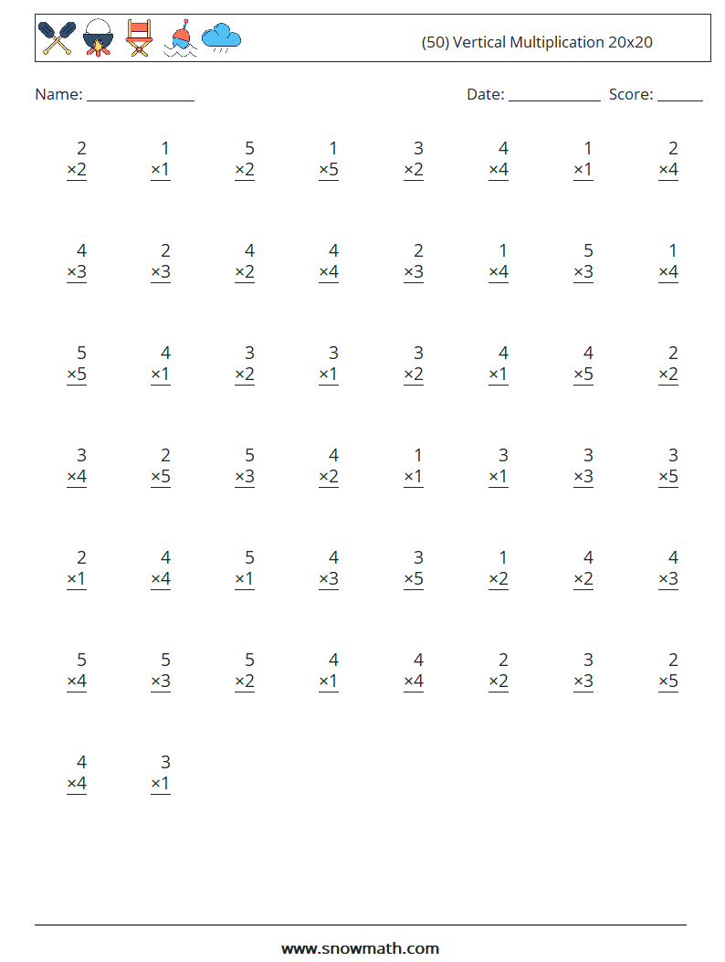 (50) Vertical Multiplication 20x20 Math Worksheets 16