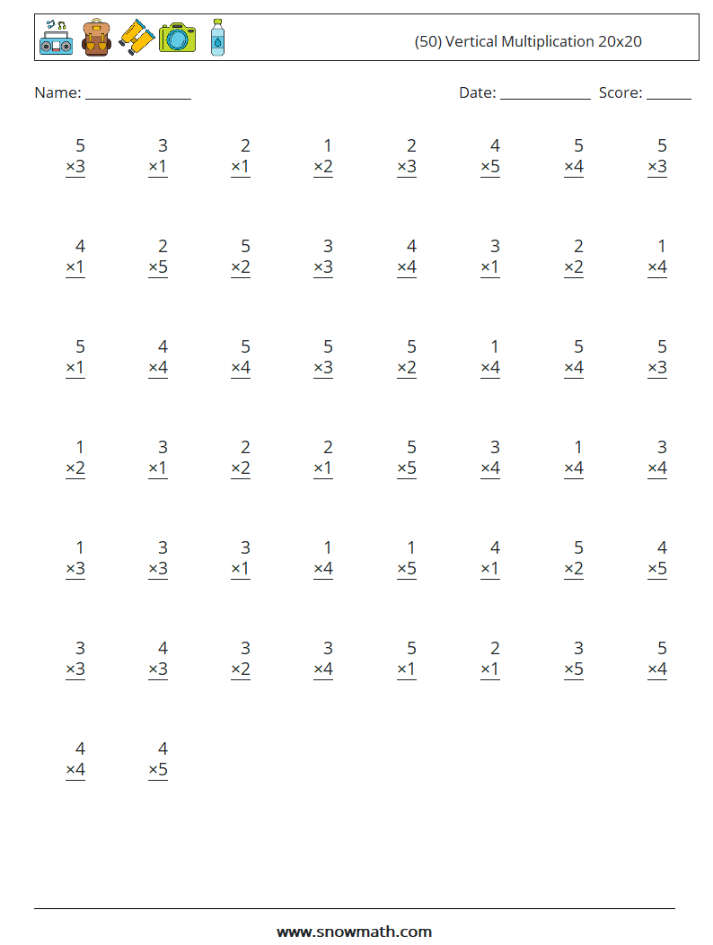 (50) Vertical Multiplication 20x20 Math Worksheets 17
