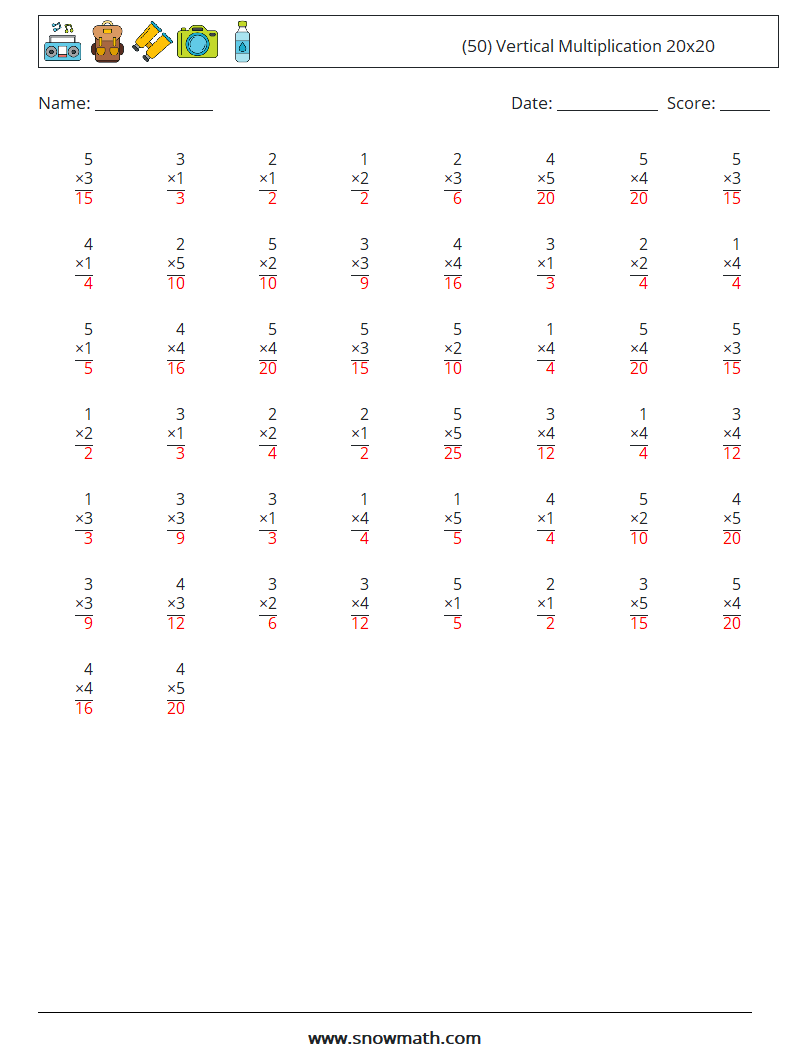 (50) Vertical Multiplication 20x20 Math Worksheets 17 Question, Answer