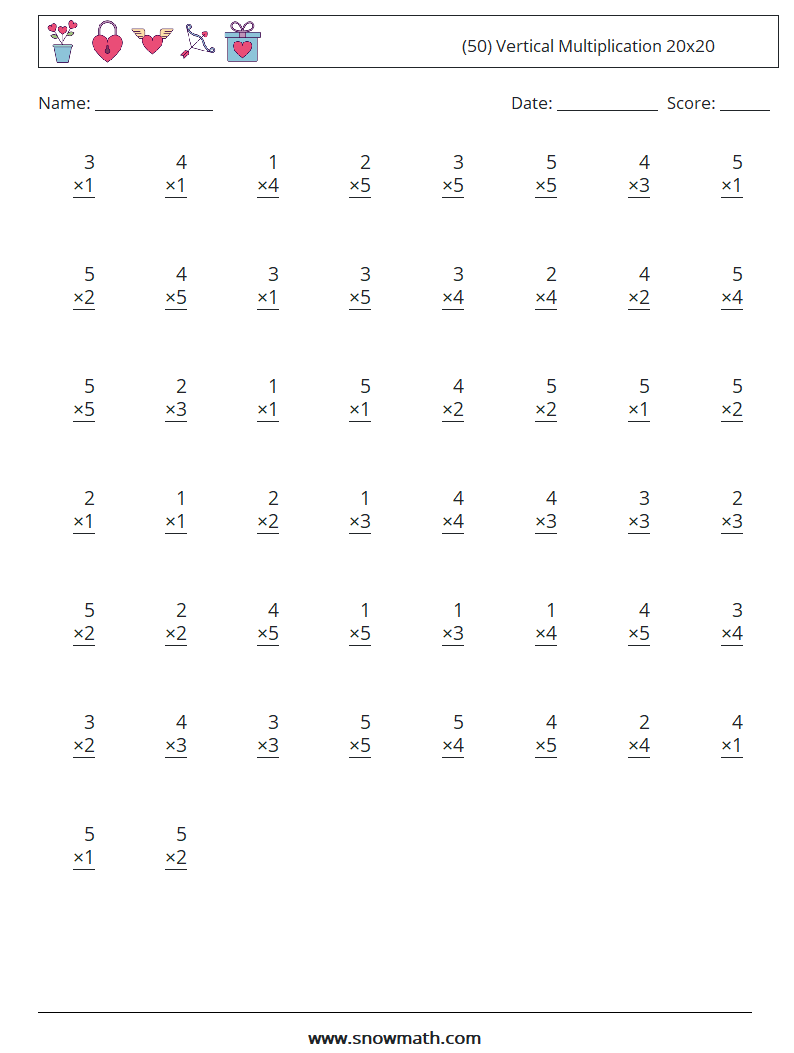 (50) Vertical Multiplication 20x20 Math Worksheets 18