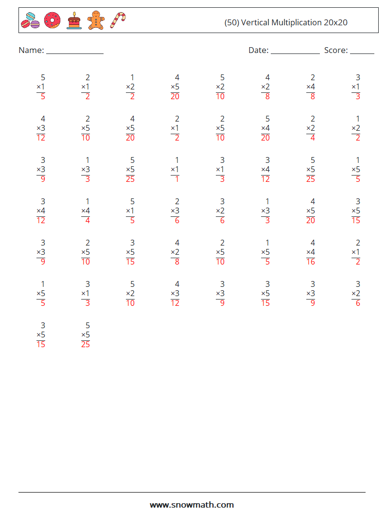 (50) Vertical Multiplication 20x20 Math Worksheets 1 Question, Answer