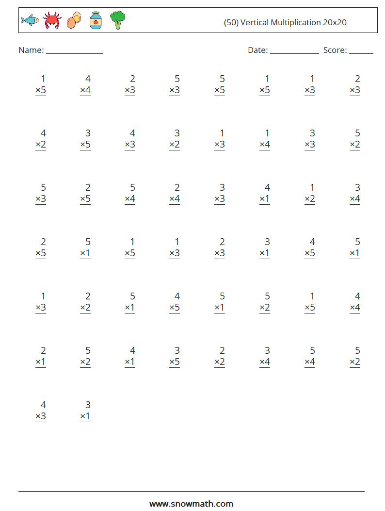 (50) Vertical Multiplication 20x20 Math Worksheets 2