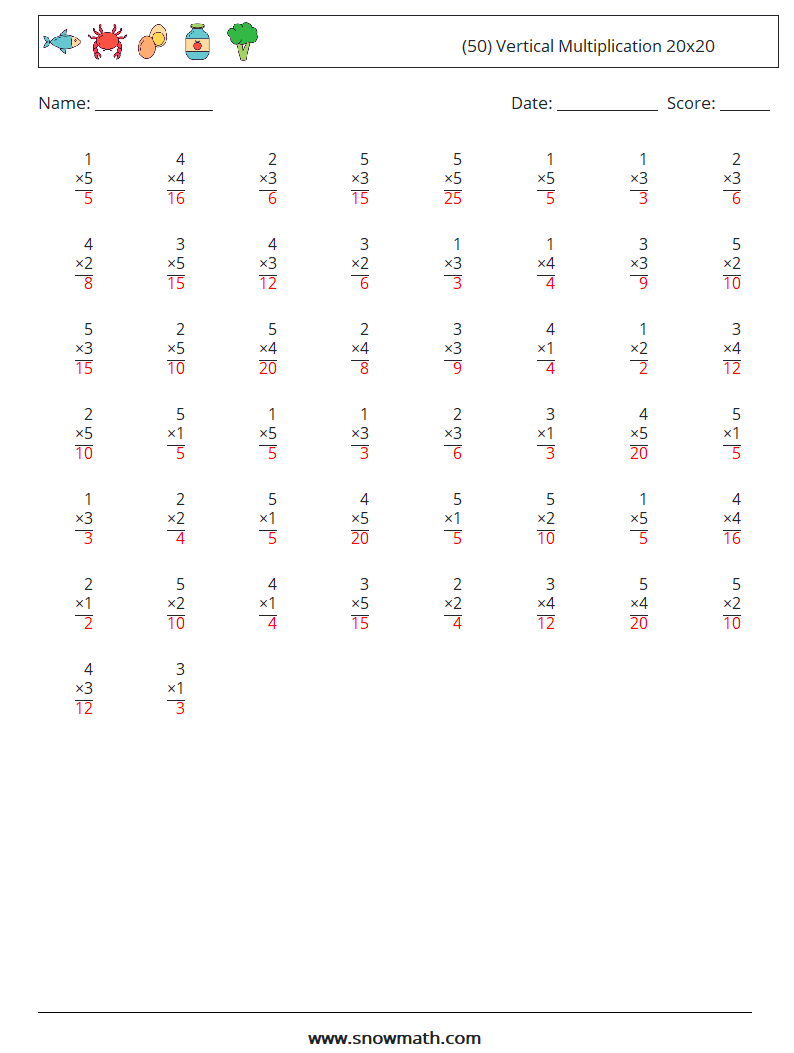 (50) Vertical Multiplication 20x20 Math Worksheets 2 Question, Answer