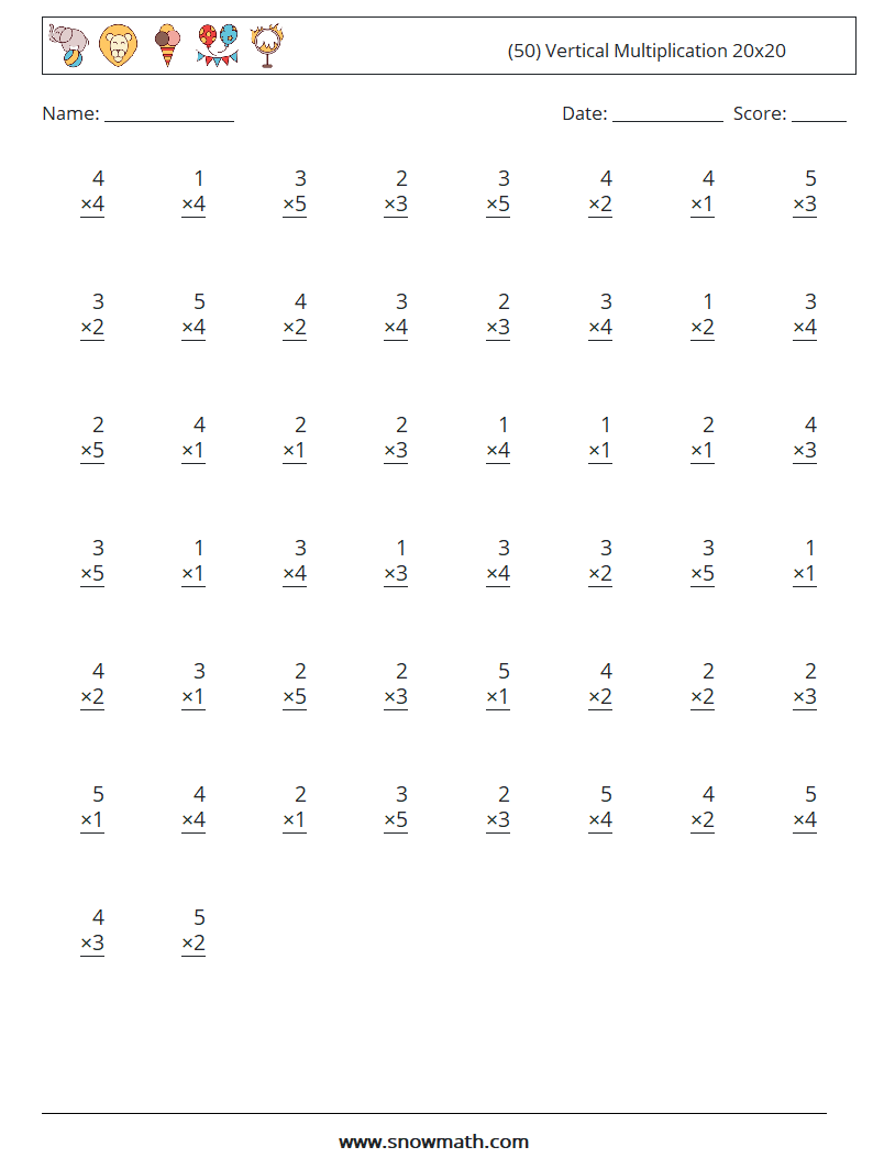 (50) Vertical Multiplication 20x20 Math Worksheets 3