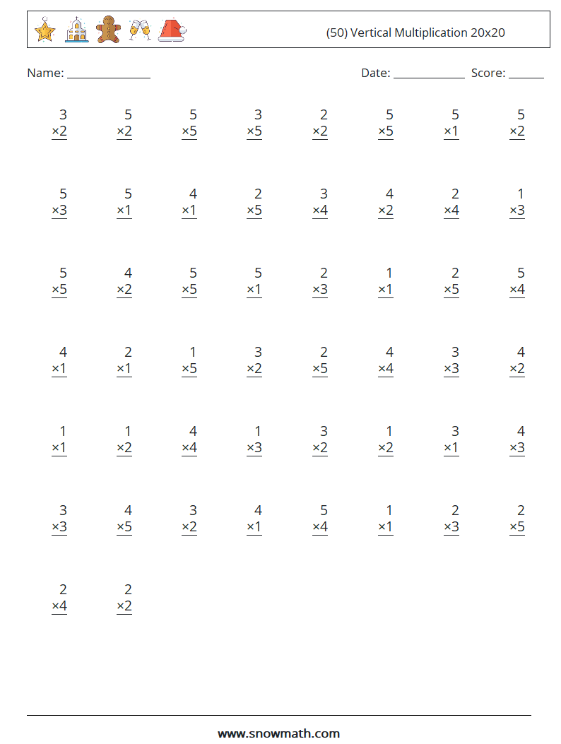 (50) Vertical Multiplication 20x20 Math Worksheets 4