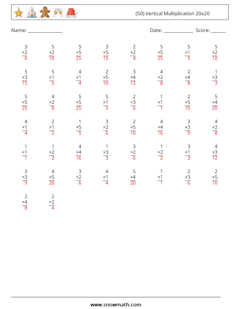 (50) Vertical Multiplication 20x20 Math Worksheets 4 Question, Answer