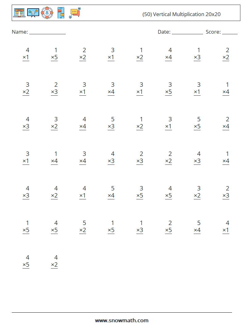 (50) Vertical Multiplication 20x20 Math Worksheets 5