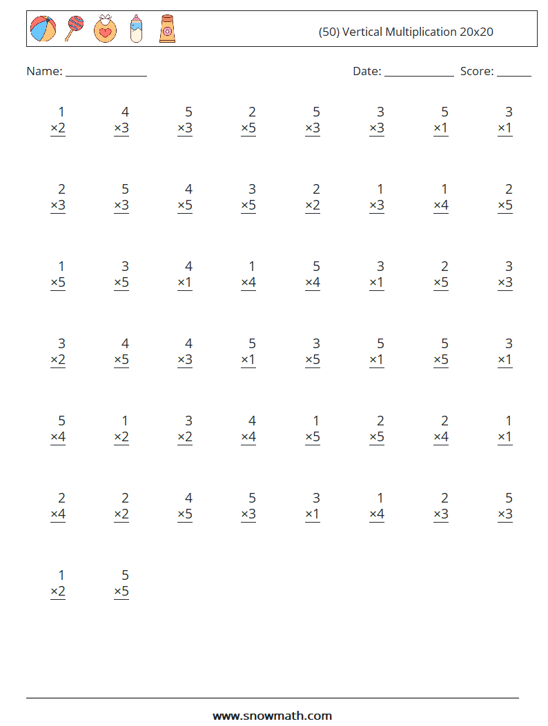 (50) Vertical Multiplication 20x20 Math Worksheets 7