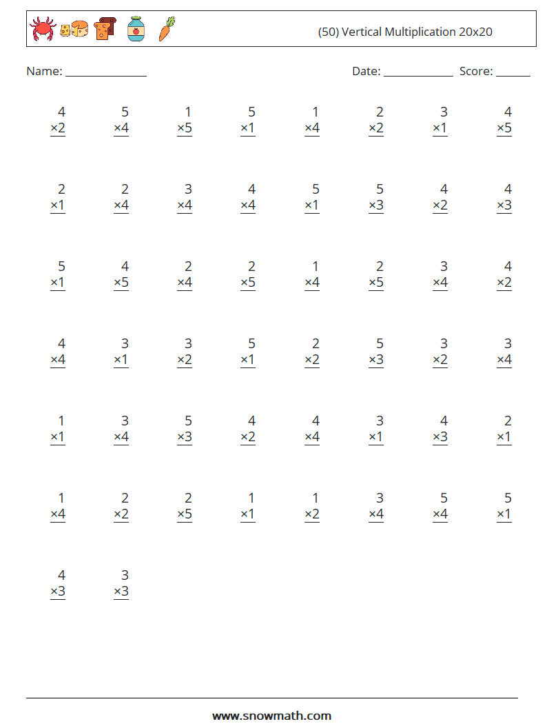 (50) Vertical Multiplication 20x20 Math Worksheets 8