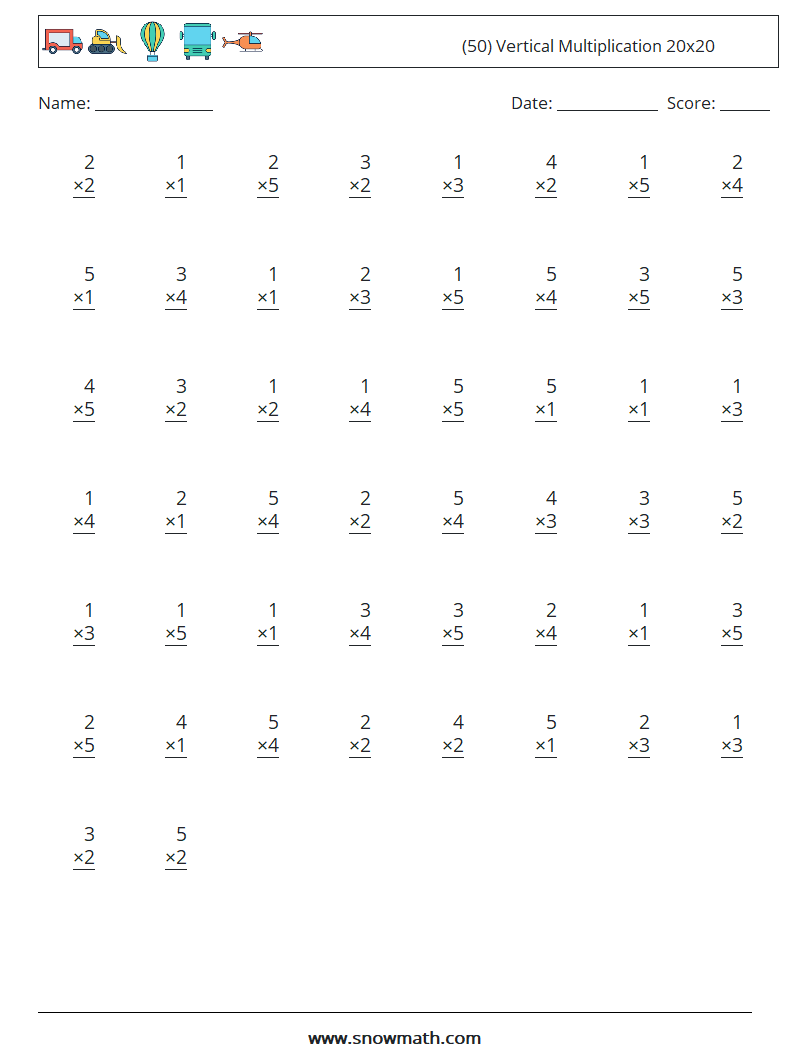 (50) Vertical Multiplication 20x20 Math Worksheets 9