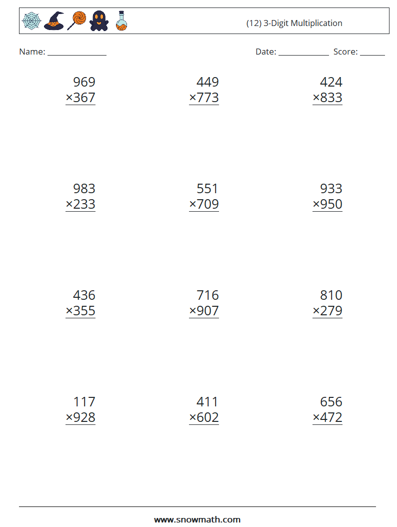 (12) 3-Digit Multiplication Math Worksheets 1
