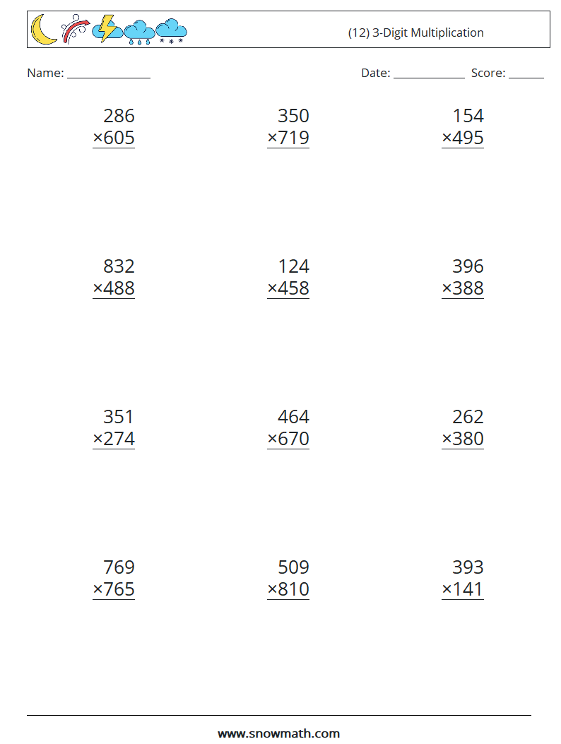 (12) 3-Digit Multiplication Math Worksheets 11