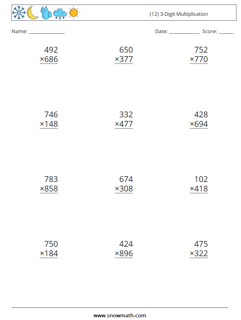 (12) 3-Digit Multiplication Math Worksheets 12