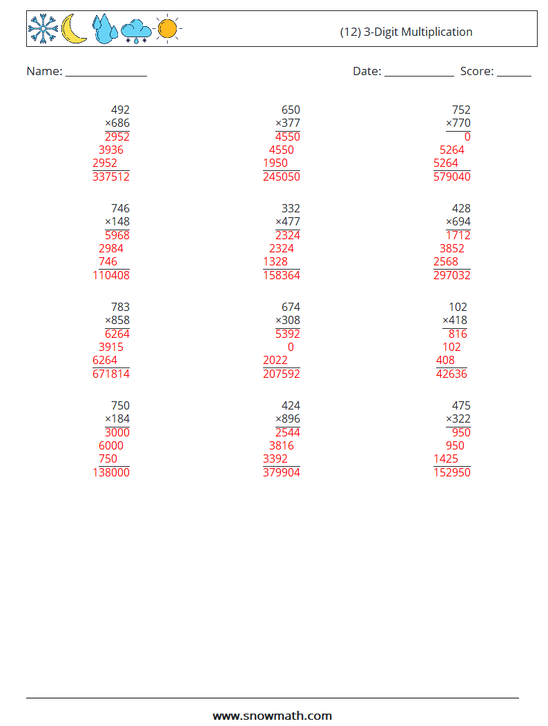 (12) 3-Digit Multiplication Math Worksheets 12 Question, Answer