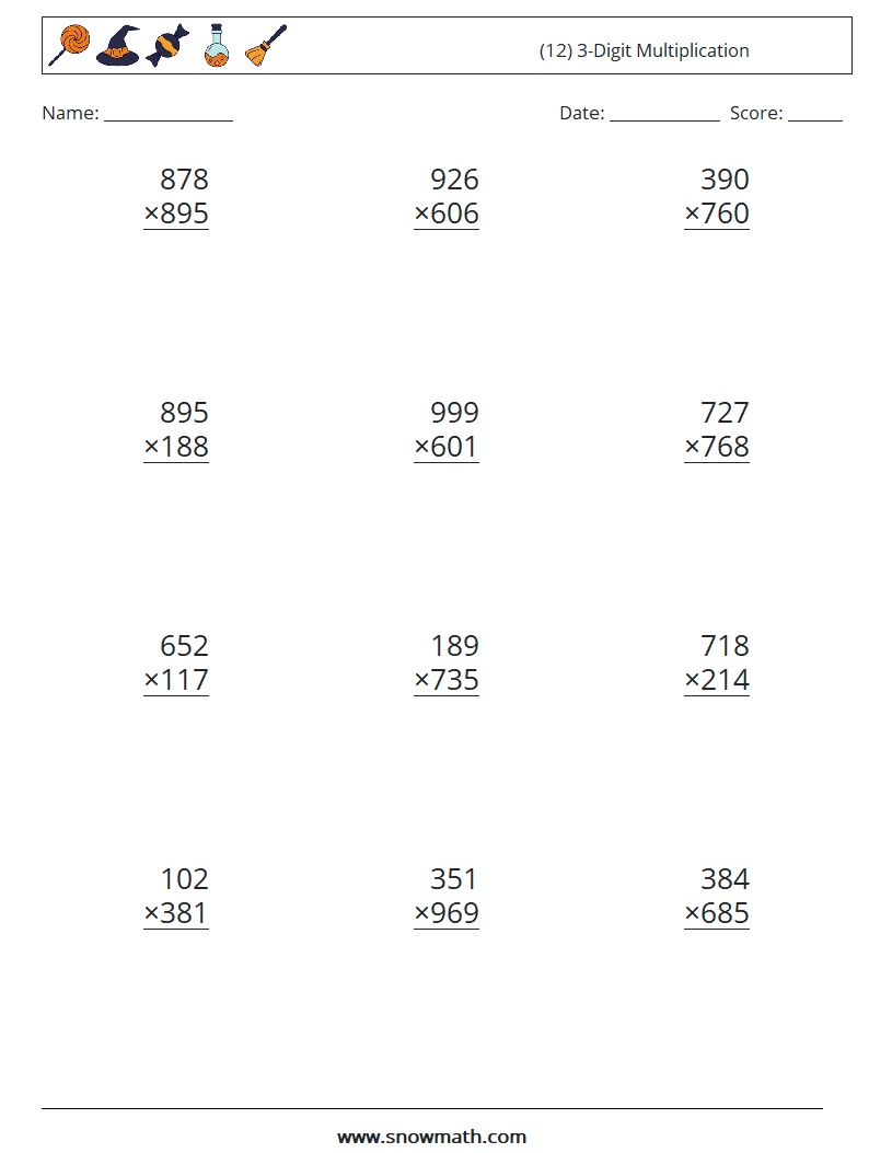 (12) 3-Digit Multiplication Math Worksheets 13