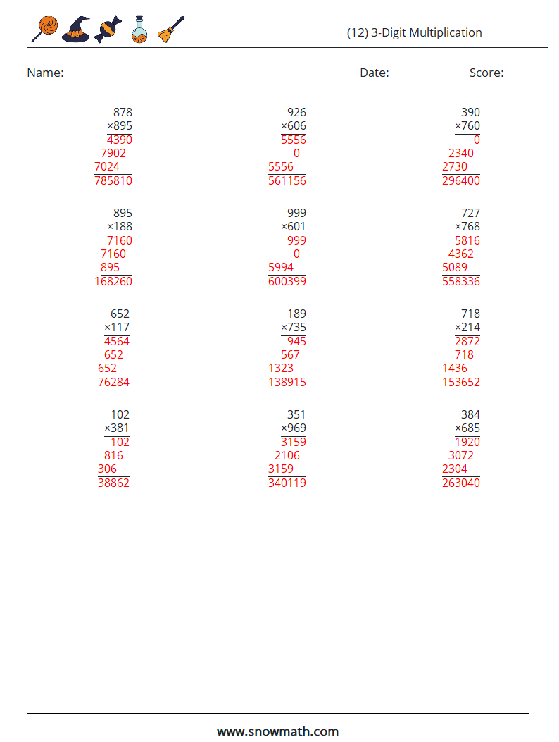 (12) 3-Digit Multiplication Math Worksheets 13 Question, Answer