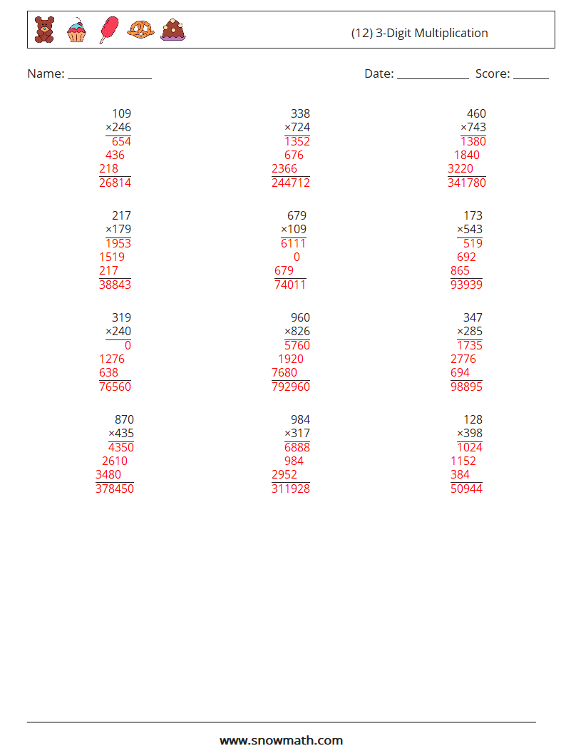 (12) 3-Digit Multiplication Math Worksheets 14 Question, Answer