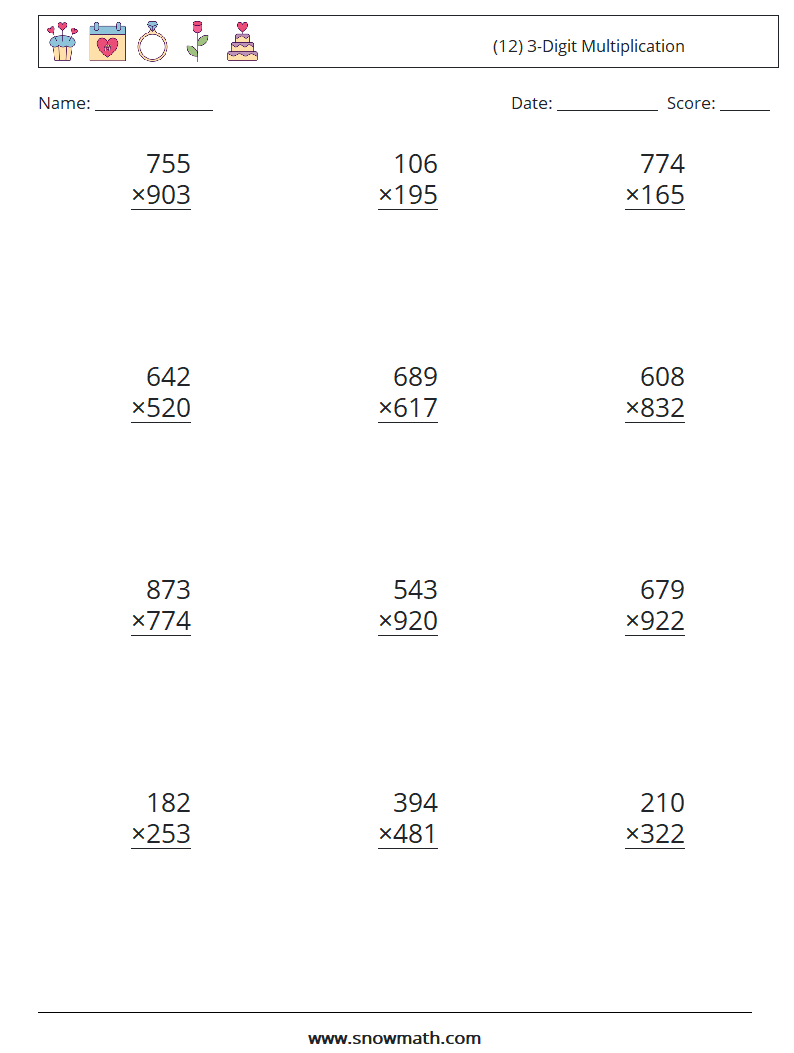 (12) 3-Digit Multiplication Math Worksheets 15