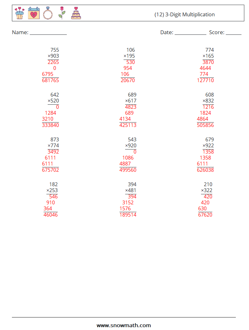 (12) 3-Digit Multiplication Math Worksheets 15 Question, Answer