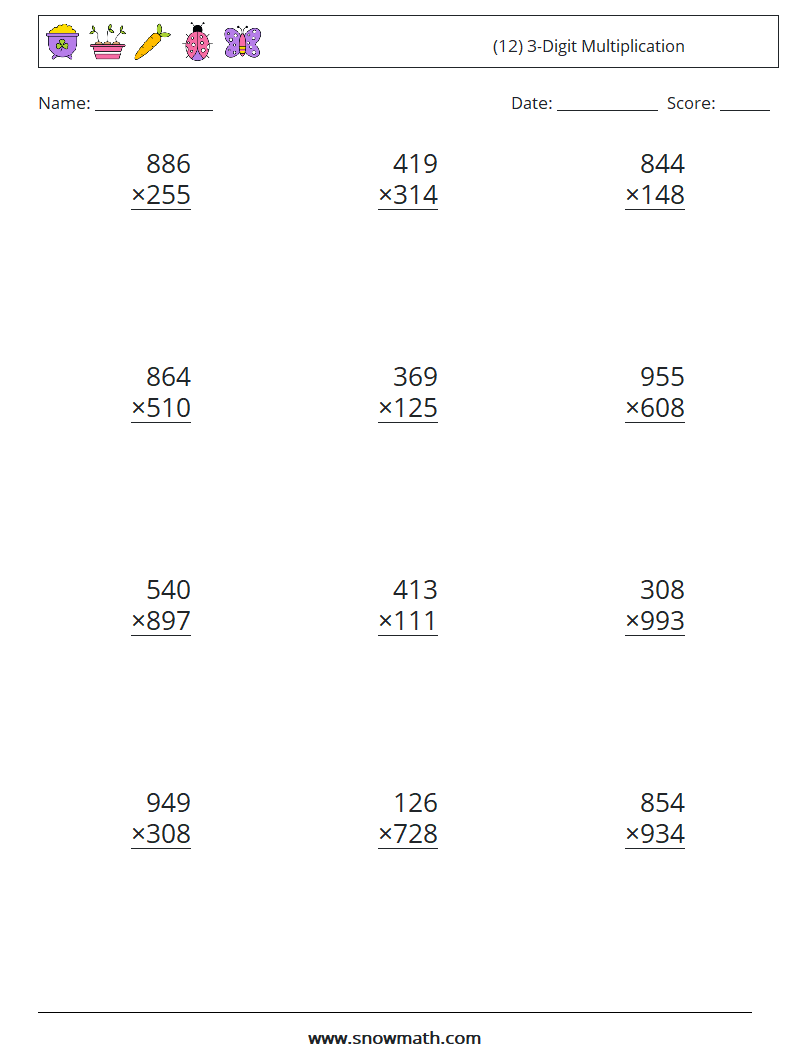 (12) 3-Digit Multiplication Math Worksheets 16
